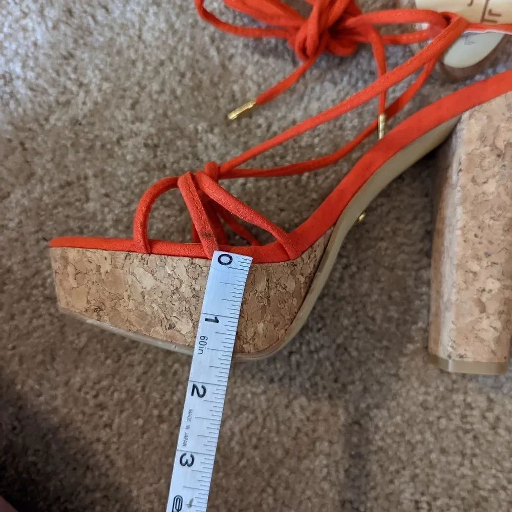 𝅺lob footwear orange suede gladiator laces sz 7.5 cork platform heels nwt